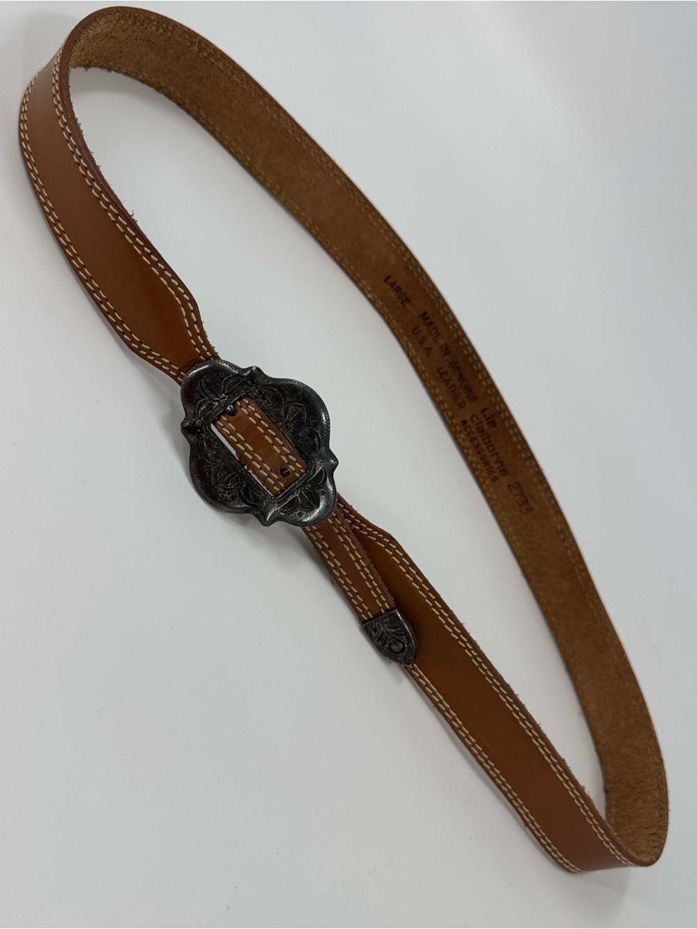 Vintage Liz Claiborne Genuine Leather Belt with Ornate Buckle Size L